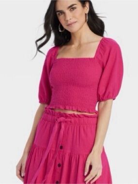 Women's Off Shoulder Puff Elbow Sleeve Blouse - Universal Thread™ Pink 
Size XL